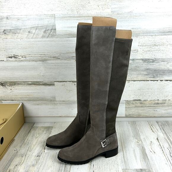 Michael Kors Women’s 5.5 Gray Suede Fabric Logo Heel Zip Calf Riding Boots NWB - Picture 1 of 11